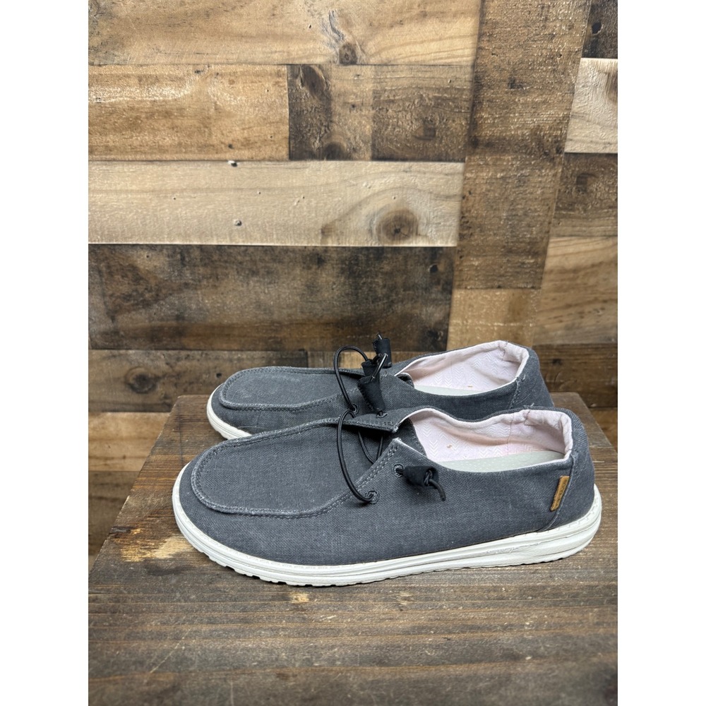 Hey Dude Wendy Chambray Off Black Canvas Slip On Loafers Shoes Womens 10